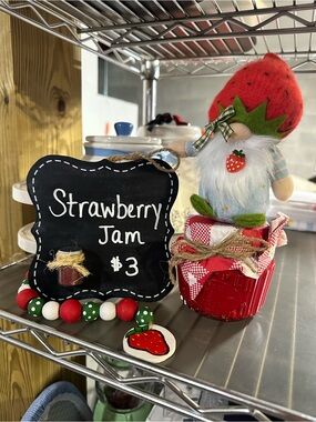 Strawberry Jam Shelf Decor with Gnome Jar Accent